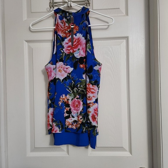 Rose Olive Blue Floral Keyhole Halter Neck Sleeveless Layered Top Womens Med C45 - Picture 5 of 5